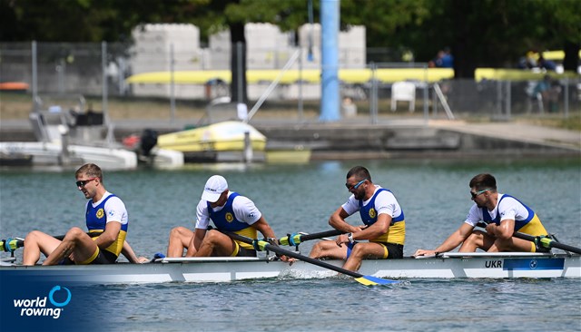 Maksym Boklazhenko (b), Mykola Mazur, Oleksii Selivanov, Sergii Gryn (s), Men's Four, Ukraine, 2022 European Rowing Championships, Munich, Germany / Detlev Seyb/MyRowingPhoto.com
