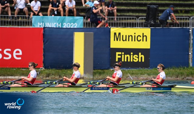 Celia Dupre (b), Salome Ulrich, Lisa Loetscher, Pascale Walker (s), Women's Quadruple Sculls, Switzerland, 2022 European Rowing Championships, Munich, Germany / Detlev Seyb/MyRowingPhoto.com