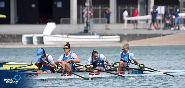 Valentina Iseppi (b), Alessandra Montesano, Clara Guerra, Chiara Ondoli (s), Women's Quadruple Sculls, Italy, 2022 European Rowing Championships, Munich, Germany / Detlev Seyb/MyRowingPhoto.com