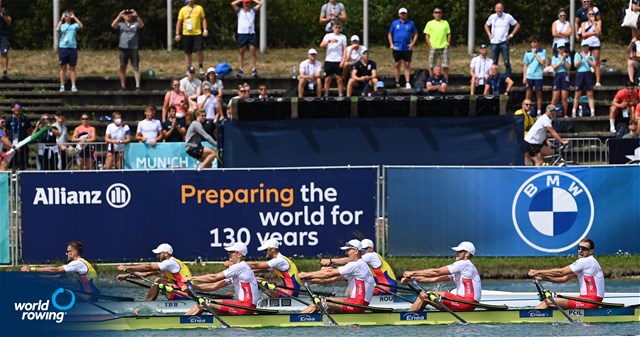 Dominik Czaja (b), Mateusz Biskup, Miroslaw Zietarski, Fabian Baranski (s), Men's Quadruple Sculls, Poland, 2022 European Rowing Championships, Munich, Germany / Detlev Seyb/MyRowingPhoto.com