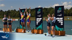 Ioana Vrinceanu (b), Denisa Tilvescu (s), Women's Pair, Romania, Gold, Emily Ford (b), Esme Booth (s), Great Britain, Silver, Ymkje Clevering (b), Veronique Meester (s), Netherlands, Bronze, 2022 European Rowing Championships, Munich, Germany / Detlev Seyb/MyRowingPhoto.com