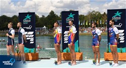 Marius Cozmiuc (b), Sergiu Bejan (s), Men's Pair, Romania, Gold, Oliver Wynne-Griffith (b), Tom George (s), Great Britain, Silver, Jaime Canalejo Pazos (b), Javier Garcia Ordonez (s), Spain, Bronze, 2022 European Rowing Championships, Munich, Germany / Detlev Seyb/MyRowingPhoto.com