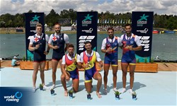 Marius Cozmiuc (b), Sergiu Bejan (s), Men's Pair, Romania, Gold, Oliver Wynne-Griffith (b), Tom George (s), Great Britain, Silver, Jaime Canalejo Pazos (b), Javier Garcia Ordonez (s), Spain, Bronze, 2022 European Rowing Championships, Munich, Germany / Detlev Seyb/MyRowingPhoto.com