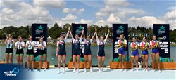 Heidi Long (b), Rowan Mckellar, Samantha Redgrave, Rebecca Shorten (s), Women's Four, Great Britain, Gold, Natalie Long (b), Aifric Keogh, Tara Hanlon, Eimear Lambe (s), Ireland, Silver, Gianina Beleaga (b), Elena Logofatu, Magdalena Rusu, Iuliana Buhus (s), Romania, Bronze, 2022 European Rowing Championships, Munich, Germany / Detlev Seyb/MyRowingPhoto.com