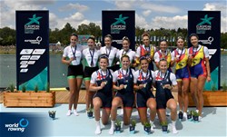 Heidi Long (b), Rowan Mckellar, Samantha Redgrave, Rebecca Shorten (s), Women's Four, Great Britain, Gold, Natalie Long (b), Aifric Keogh, Tara Hanlon, Eimear Lambe (s), Ireland, Silver, Gianina Beleaga (b), Elena Logofatu, Magdalena Rusu, Iuliana Buhus (s), Romania, Bronze, 2022 European Rowing Championships, Munich, Germany / Detlev Seyb/MyRowingPhoto.com