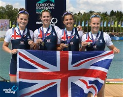 Heidi Long (b), Rowan Mckellar, Samantha Redgrave, Rebecca Shorten (s), Women's Four, Great Britain, Gold, 2022 European Rowing Championships, Munich, Germany / Detlev Seyb/MyRowingPhoto.com