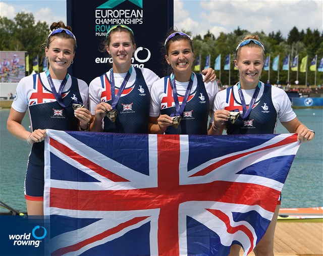 Heidi Long (b), Rowan Mckellar, Samantha Redgrave, Rebecca Shorten (s), Women's Four, Great Britain, Gold, 2022 European Rowing Championships, Munich, Germany / Detlev Seyb/MyRowingPhoto.com