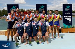 William Stewart (b), Samuel Nunn, Matthew Aldridge, Freddie Davidson (s), Men's Four, Great Britain, Gold, Ralf Rienks (b), Ruben Knab, Sander De Graaf, Rik Rienks (s), Netherlands, Silver, Mihaita Tiganescu (b), Mugurel Vasile Semciuc, Stefan Berariu, Florin Lehaci (s), Romania, Bronze, 2022 European Rowing Championships, Munich, Germany / Detlev Seyb/MyRowingPhoto.com