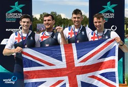 William Stewart (b), Samuel Nunn, Matthew Aldridge, Freddie Davidson (s), Men's Four, Great Britain, Gold, 2022 European Rowing Championships, Munich, Germany / Detlev Seyb/MyRowingPhoto.com