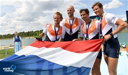Ralf Rienks (b), Ruben Knab, Sander De Graaf, Rik Rienks (s), Men's Four, Netherlands, Silver, 2022 European Rowing Championships, Munich, Germany / Detlev Seyb/MyRowingPhoto.com