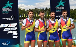 Mihaita Tiganescu (b), Mugurel Vasile Semciuc, Stefan Berariu, Florin Lehaci (s), Men's Four, Romania, Bronze, 2022 European Rowing Championships, Munich, Germany / Detlev Seyb/MyRowingPhoto.com