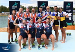 Jessica Marie Leyden (b), Lola Anderson, Georgina Megan Brayshaw, Lucy Glover (s), Women's Quadruple Sculls, Great Britain, Gold, Nika Johanna Vos (b), Tessa Dullemans, Ilse Kolkman, Bente Paulis (s), Netherlands, Silver, Kateryna Dudchenko (b), Nataliya Dovgodko, Daryna Verkhogliad, Yevheniia Dovhodko (s), Ukraine, Bronze, 2022 European Rowing Championships, Munich, Germany / Detlev Seyb/MyRowingPhoto.com