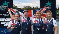 Jessica Marie Leyden (b), Lola Anderson, Georgina Megan Brayshaw, Lucy Glover (s), Women's Quadruple Sculls, Great Britain, Gold, 2022 European Rowing Championships, Munich, Germany / Detlev Seyb/MyRowingPhoto.com