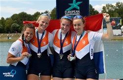 Nika Johanna Vos (b), Tessa Dullemans, Ilse Kolkman, Bente Paulis (s), Women's Quadruple Sculls, Netherlands, Silver, 2022 European Rowing Championships, Munich, Germany / Detlev Seyb/MyRowingPhoto.com