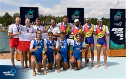 Nicolo' Carucci (b), Andrea Panizza, Luca Chiumento, Giacomo Gentili (s), Men's Quadruple Sculls, Italy, Gold, Dominik Czaja (b), Mateusz Biskup, Miroslaw Zietarski, Fabian Baranski (s), Poland, Silver, Mihai Chiruta (b), Ciprian Tudosa, Ioan Prundeanu, Marian Enache (s), Romania, Bronze, 2022 European Rowing Championships, Munich, Germany / Detlev Seyb/MyRowingPhoto.com