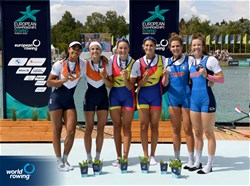 Ancuta Bodnar (b), Simona Radis (s), Women's Double Sculls, Romania, Gold, Roos De Jong (b), Laila Youssifou (s), Netherlands, Silver, Kiri Tontodonati (b), Stefania Gobbi (s), Italy, Bronze, 2022 European Rowing Championships, Munich, Germany / Detlev Seyb/MyRowingPhoto.com