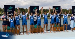 Vincenzo Abbagnale (b), Cesare Gabbia, Emanuele Gaetani Liseo, Matteo Lodo, Marco Di Costanzo, Leonardo Pietra Caprina, Giuseppe Vicino, Matteo Castaldo (s), Enrico D'Aniello (c), Men's Eight, Italy, Bronze, 2022 European Rowing Championships, Munich, Germany / Detlev Seyb/MyRowingPhoto.com