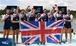 Rory Gibbs (b), Morgan Bolding, David Bewicke-Copley, Sholto Carnegie, Charles Elwes, Thomas Digby, James Rudkin, Tom Ford (s), Harry Brightmore (c), Men's Eight, Great Britain, Gold, 2022 European Rowing Championships, Munich, Germany / Detlev Seyb/MyRowingPhoto.com