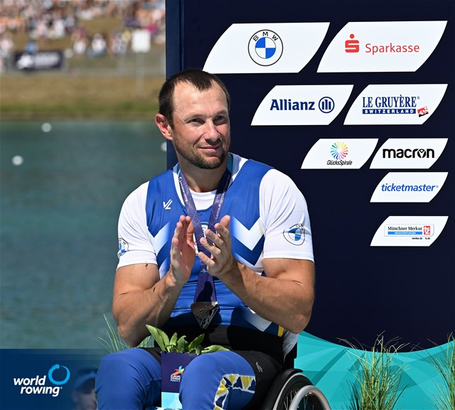 Roman Polianskyi, PR1 Mens Single Sculls, Ukraine, Silver, 2022 European Rowing Championships, Munich, Germany / Detlev Seyb/MyRowingPhoto.com