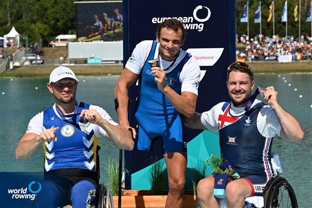 Giacomo Perini, PR1 Mens Single Sculls, Italy, Gold, Roman Polianskyi, Ukraine, Silver, Benjamin Pritchard, Great Britain, Bronze, 2022 European Rowing Championships, Munich, Germany / Detlev Seyb/MyRowingPhoto.com