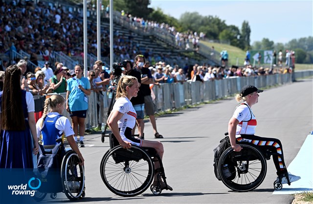 Birgit Skarstein, PR1 Womens Single Sculls, Norway, Gold, Manuela Diening, Germany, Silver, Anna Sheremet, Ukraine, Bronze, 2022 European Rowing Championships, Munich, Germany / Detlev Seyb/MyRowingPhoto.com