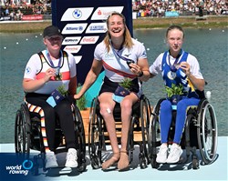Birgit Skarstein, PR1 Womens Single Sculls, Norway, Gold, Manuela Diening, Germany, Silver, Anna Sheremet, Ukraine, Bronze, 2022 European Rowing Championships, Munich, Germany / Detlev Seyb/MyRowingPhoto.com