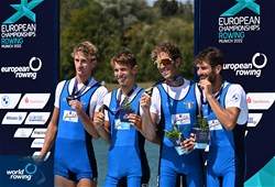 Antonio Vicino (b), Martino Goretti, Niels Torre, Patrick Rocek (s), Lightweight Men's Quadruple Sculls, Italy, Gold, 2022 European Rowing Championships, Munich, Germany / Detlev Seyb/MyRowingPhoto.com