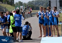 Antonio Vicino (b), Martino Goretti, Niels Torre, Patrick Rocek (s), Lightweight Men's Quadruple Sculls, Italy, Gold, 2022 European Rowing Championships, Munich, Germany / Detlev Seyb/MyRowingPhoto.com