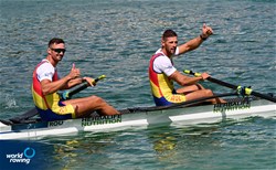 Marius Cozmiuc (b), Sergiu Bejan (s), Men's Pair, Romania, Gold, 2022 European Rowing Championships, Munich, Germany / Detlev Seyb/MyRowingPhoto.com