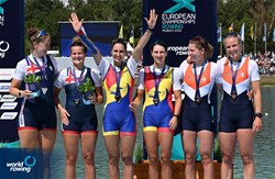 Ioana Vrinceanu (b), Denisa Tilvescu (s), Women's Pair, Romania, Gold, Emily Ford (b), Esme Booth (s), Great Britain, Silver, Ymkje Clevering (b), Veronique Meester (s), Netherlands, Bronze, 2022 European Rowing Championships, Munich, Germany / Detlev Seyb/MyRowingPhoto.com