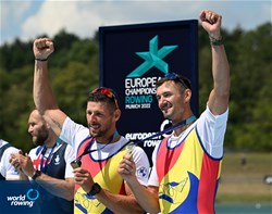 Marius Cozmiuc (b), Sergiu Bejan (s), Men's Pair, Romania, Gold, 2022 European Rowing Championships, Munich, Germany / Detlev Seyb/MyRowingPhoto.com