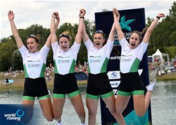 Natalie Long (b), Aifric Keogh, Tara Hanlon, Eimear Lambe (s), Women's Four, Ireland, Silver, 2022 European Rowing Championships, Munich, Germany / Detlev Seyb/MyRowingPhoto.com