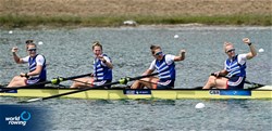 Heidi Long (b), Rowan Mckellar, Samantha Redgrave, Rebecca Shorten (s), Women's Four, Great Britain, Gold, 2022 European Rowing Championships, Munich, Germany / Detlev Seyb/MyRowingPhoto.com