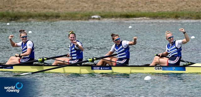Heidi Long (b), Rowan Mckellar, Samantha Redgrave, Rebecca Shorten (s), Women's Four, Great Britain, Gold, 2022 European Rowing Championships, Munich, Germany / Detlev Seyb/MyRowingPhoto.com