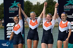 Nika Johanna Vos (b), Tessa Dullemans, Ilse Kolkman, Bente Paulis (s), Women's Quadruple Sculls, Netherlands, Silver, 2022 European Rowing Championships, Munich, Germany / Detlev Seyb/MyRowingPhoto.com
