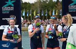 Jessica Marie Leyden (b), Lola Anderson, Georgina Megan Brayshaw, Lucy Glover (s), Women's Quadruple Sculls, Great Britain, Gold, 2022 European Rowing Championships, Munich, Germany / Detlev Seyb/MyRowingPhoto.com