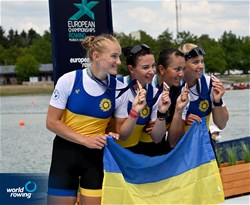 Kateryna Dudchenko (b), Nataliya Dovgodko, Daryna Verkhogliad, Yevheniia Dovhodko (s), Women's Quadruple Sculls, Ukraine, Bronze, 2022 European Rowing Championships, Munich, Germany / Detlev Seyb/MyRowingPhoto.com