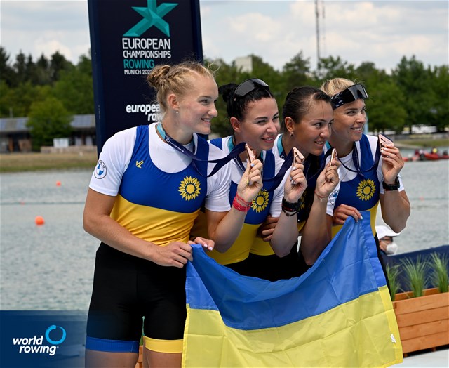 Kateryna Dudchenko (b), Nataliya Dovgodko, Daryna Verkhogliad, Yevheniia Dovhodko (s), Women's Quadruple Sculls, Ukraine, Bronze, 2022 European Rowing Championships, Munich, Germany / Detlev Seyb/MyRowingPhoto.com