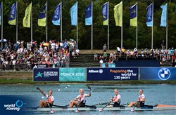 Nika Johanna Vos (b), Tessa Dullemans, Ilse Kolkman, Bente Paulis (s), Women's Quadruple Sculls, Netherlands, Silver, 2022 European Rowing Championships, Munich, Germany / Detlev Seyb/MyRowingPhoto.com