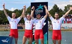 Dominik Czaja (b), Mateusz Biskup, Miroslaw Zietarski, Fabian Baranski (s), Men's Quadruple Sculls, Poland, Silver, 2022 European Rowing Championships, Munich, Germany / Detlev Seyb/MyRowingPhoto.com