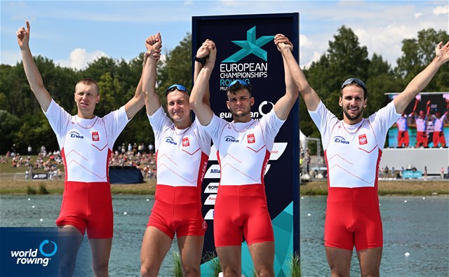 Dominik Czaja (b), Mateusz Biskup, Miroslaw Zietarski, Fabian Baranski (s), Men's Quadruple Sculls, Poland, Silver, 2022 European Rowing Championships, Munich, Germany / Detlev Seyb/MyRowingPhoto.com