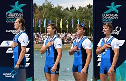 Nicolo' Carucci (b), Andrea Panizza, Luca Chiumento, Giacomo Gentili (s), Men's Quadruple Sculls, Italy, Gold, 2022 European Rowing Championships, Munich, Germany / Detlev Seyb/MyRowingPhoto.com