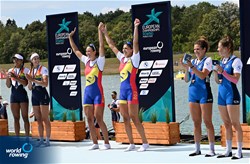 Ancuta Bodnar (b), Simona Radis (s), Women's Double Sculls, Romania, Gold, Roos De Jong (b), Laila Youssifou (s), Netherlands, Silver, Kiri Tontodonati (b), Stefania Gobbi (s), Italy, Bronze, 2022 European Rowing Championships, Munich, Germany / Detlev Seyb/MyRowingPhoto.com