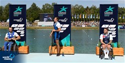 Giacomo Perini, PR1 Mens Single Sculls, Italy, Gold, Roman Polianskyi, Ukraine, Silver, Benjamin Pritchard, Great Britain, Bronze, 2022 European Rowing Championships, Munich, Germany / Detlev Seyb/MyRowingPhoto.com