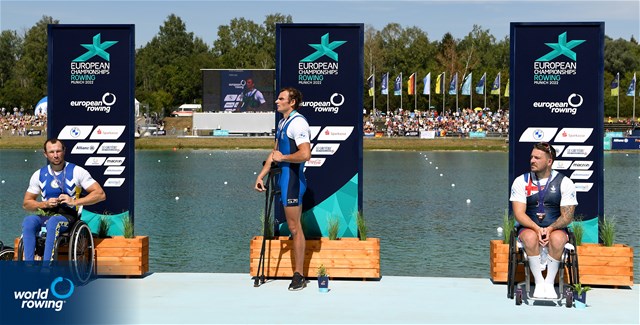 Giacomo Perini, PR1 Mens Single Sculls, Italy, Gold, Roman Polianskyi, Ukraine, Silver, Benjamin Pritchard, Great Britain, Bronze, 2022 European Rowing Championships, Munich, Germany / Detlev Seyb/MyRowingPhoto.com