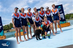 Nicolas Van Sprang (b), Lennart Van Lierop, Abe Wiersma, Guillaume Krommenhoek, Michiel Mantel, Jacob Van De Kerkhof, Guus Mollee, Mick Makker (s), Dieuwke Fetter (c), Men's Eight, Netherlands, Bronze, 2022 European Rowing Championships, Munich, Germany / World Rowing/Benedict Tufnell