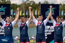 William Stewart (b), Samuel Nunn, Matthew Aldridge, Freddie Davidson (s), Men's Four, Great Britain, Gold, 2022 European Rowing Championships, Munich, Germany / World Rowing/Benedict Tufnell