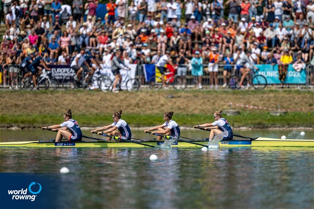Heidi Long (b), Rowan Mckellar, Samantha Redgrave, Rebecca Shorten (s), Women's Four, Great Britain, 2022 European Rowing Championships, Munich, Germany / World Rowing/Benedict Tufnell
