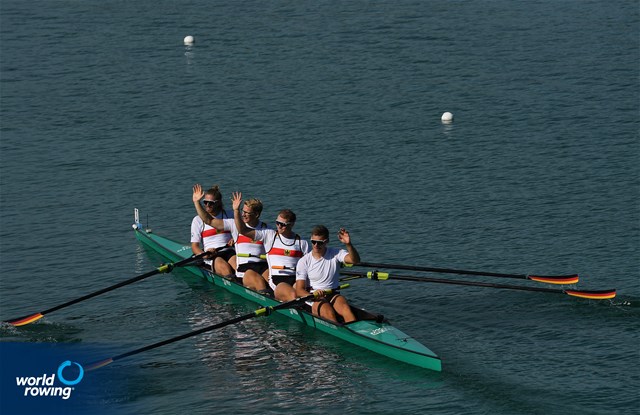 Theis Hagemeister (b), Malte Grossmann, Max John, Marc Kammann (s), Men's Four, Germany, 2022 European Rowing Championships, Munich, Germany / Detlev Seyb/MyRowingPhoto.com