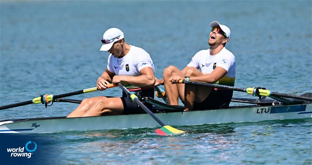 Armandas Kelmelis (b), Dovydas Nemeravicius (s), Men's Double Sculls, Lithuania, 2022 European Rowing Championships, Munich, Germany / Detlev Seyb/MyRowingPhoto.com